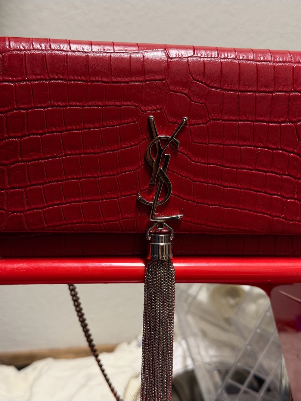 Saint Laurent Croc-Embossed Kate Medium Tassel